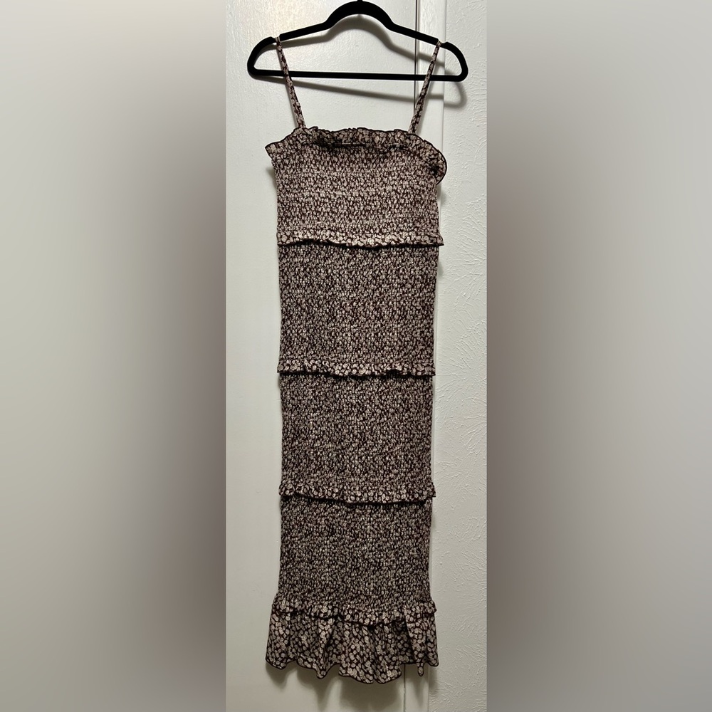 MARBLE Brown & Cream Floral Spaghetti adjustable strap Tiered  maxi dress Size M